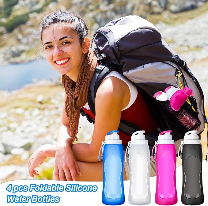 Zopeal 4 Pieces Collapsible Water Bottles Roll up Folding Silicone Foldable Leak Proof Water Bottles for Sports Traveling Riding Camping Hiking Backpack