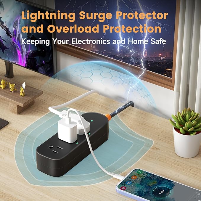 Outdoor Surge Protector Power Strip Weatherproof, 3 FT Extension Cord Outdoor Power Strip Waterproof with 3 AC Outlets, 1625W Overload Protection, for Camping, Home, Dorm, Office
