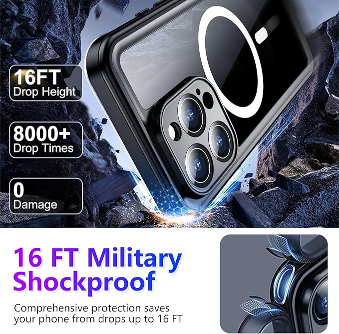Temdan Compatible with iPhone 16 Pro Case Waterproof, Compatible with MagSafe Built-in Screen & Camera Protector IP68 Underwater Full Body 16FT Military Dropproof Shockproof Phone Case 6.3"-Black