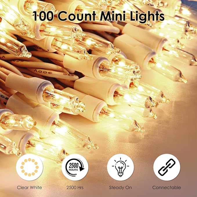 Meteds Christmas Lights 50 Count Clear Mini Lights White Wire UL Certified Connectable Warm White String Lights for Christmas Decor