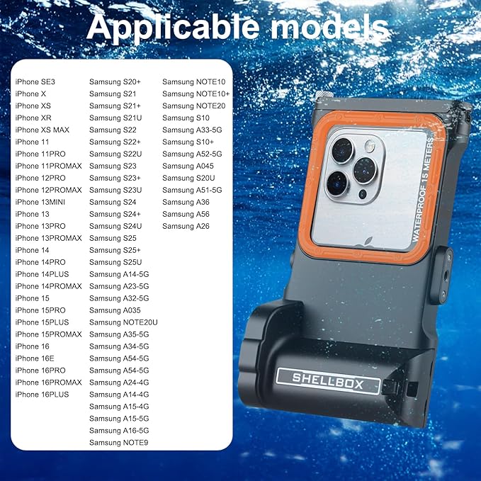 Universal Underwater Diving Phone Case with Bluetooth Controller, IP68 50FT Waterproof for iPhone 17 (Standard Only), iPhone 16/15/14/13/12/11 & Galaxy S24/S23/S22, Black+Orange
