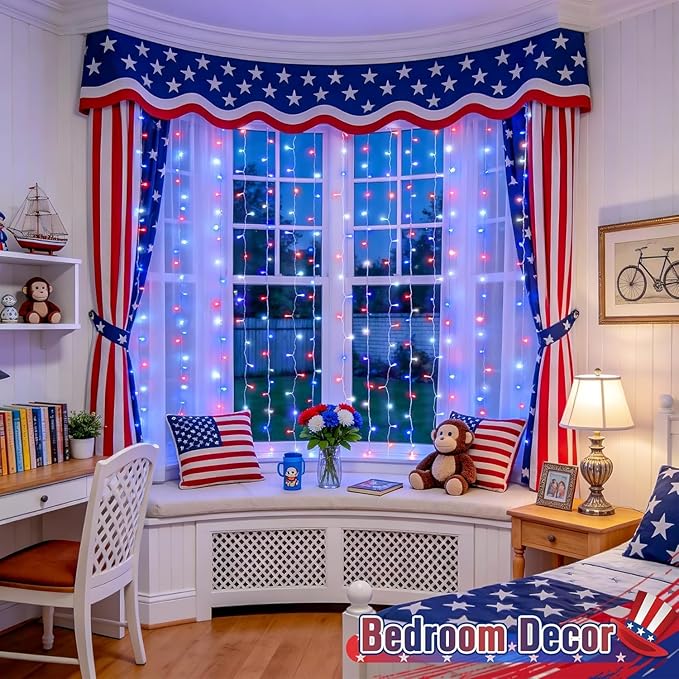 JMEXSUSS 300LED Red White and Blue Lights with Remote, 4th of July Lights Plug in, Patriots Curtain Hanging String Lights for Bedroom Wall Window Backdrop Indoor Outdoor 4th of July Decor, 9.8x9.8ft