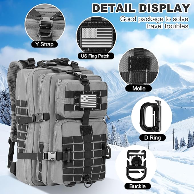 Hannibal Tactical MOLLE Assault Backpack, Tactical Backpack Military Army Camping Rucksack, 3-Day Pack Trip w/USA Flag Patch, D-Rings Grey and Black