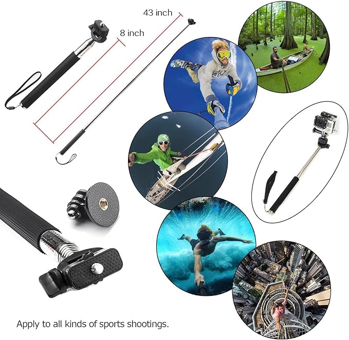 3 in 1 Universal Action Camera Accessories Kit - Head Strap Mount/Chest Harness/Selfie stick Compatible with Gopro Hero 13 12 11 10 9 8 7 6 5/AKASO EK7000/V50/Brave 7/Dragon Touch Action Camera