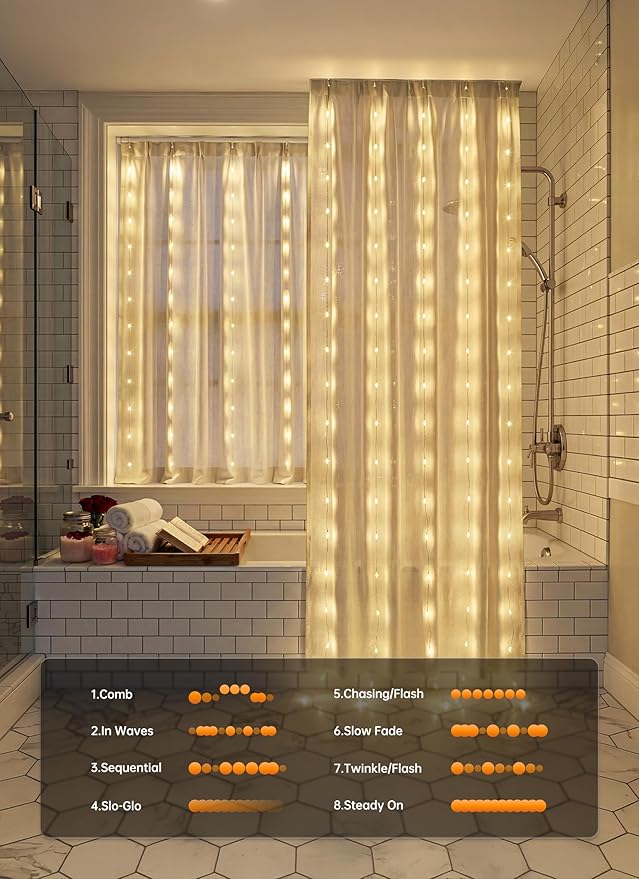 Brightown 180 LED Shower Curtain Lights, 70 Inch Warm White Fairy Lights Battery Operated String Lights, 8 Modes Waterproof Christmas Lights for Indoor Outdoor Decor(No Curtain)
