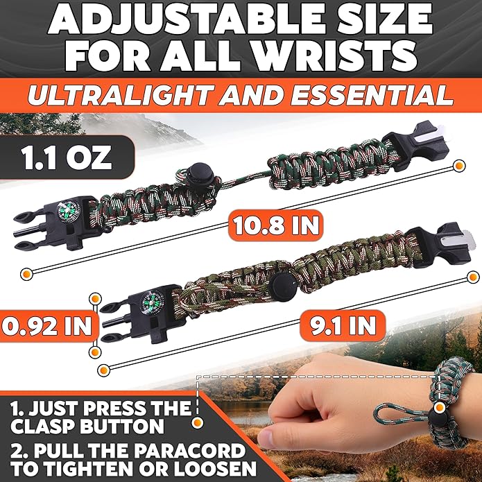 Paracord Bracelets for Men and Women – Adjustable Survival Paracord Bracelet with 10 ft Nylon Survival Cord, Flint Fire Starter, Compass, Whistle & Scraper – Gear for Camping, Hiking, Fishing & Travel