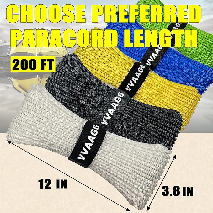 VVAAGG 1000 White Paracord 200FT Utility Parachute Cord 4mm Nylon String12 Strand Nylon Camping Rope, Tent Rope, Clothsline Rope for Survival & Camping Gear(White, 200FT)