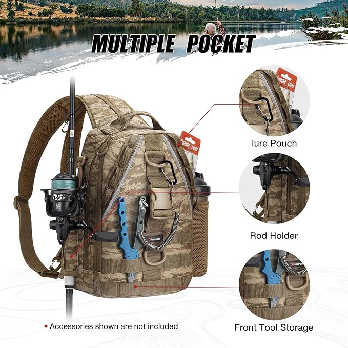 Piscifun Fishing Backpack with Rod Holder, Lightweight Sling Bag Storge Gear and Equipment