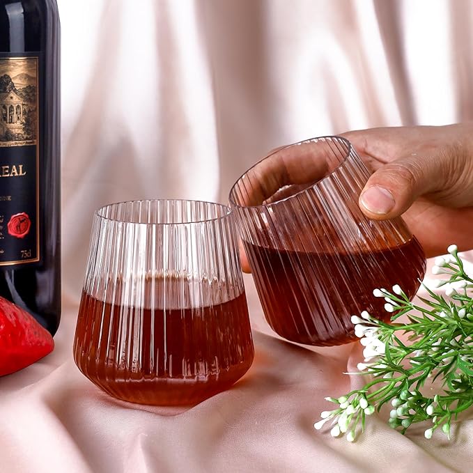 Lueumxc 20 Pack Plastic Ribbed Wine Glasses, 14Oz Origami Disposable Wine Glasses Unbreakable Clear Plastic Cocktail Glasses Recyclable Shatterproof Reusable Wine Cups