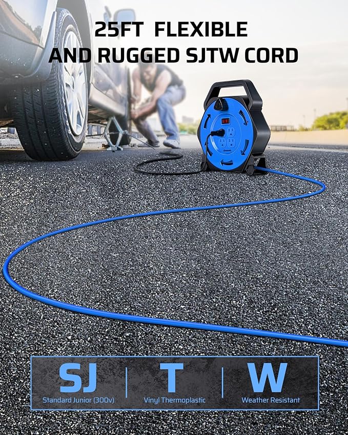 DEWENWILS Extension Cord Reel with 25 FT Power Cord, Hand Wind Retractable, 16/3 AWG SJTW, 4 Grounded Outlets, 13 Amp Circuit Breaker, Blue, Blue Cord, UL Listed