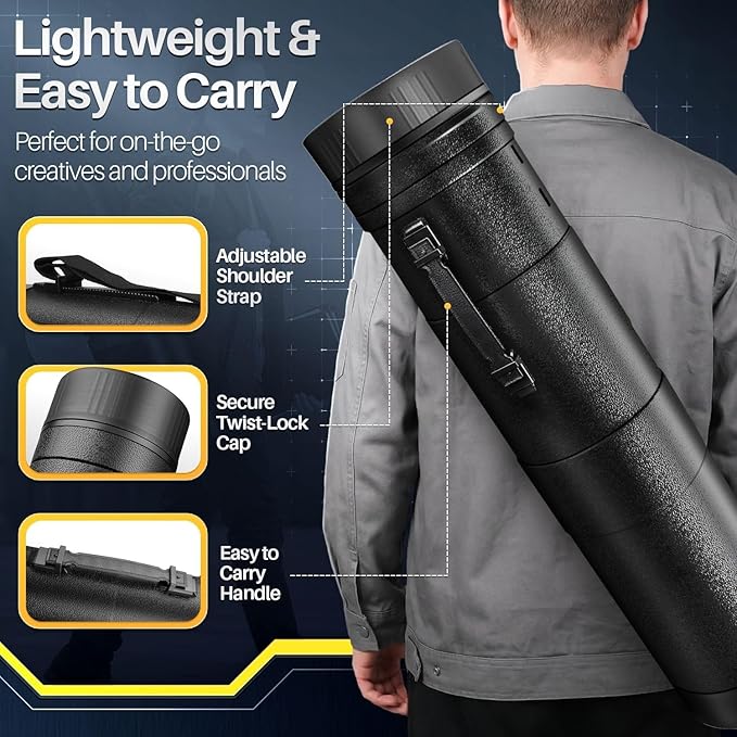 Flexzion Poster, Art, Document Tube with Strap, Expandable Waterproof Plastic Container, Telescoping Cylindrical Storage Case, Portable Paper Holder for Draft Sketch Blueprint, 6.5 IDx32-51.6 Inch