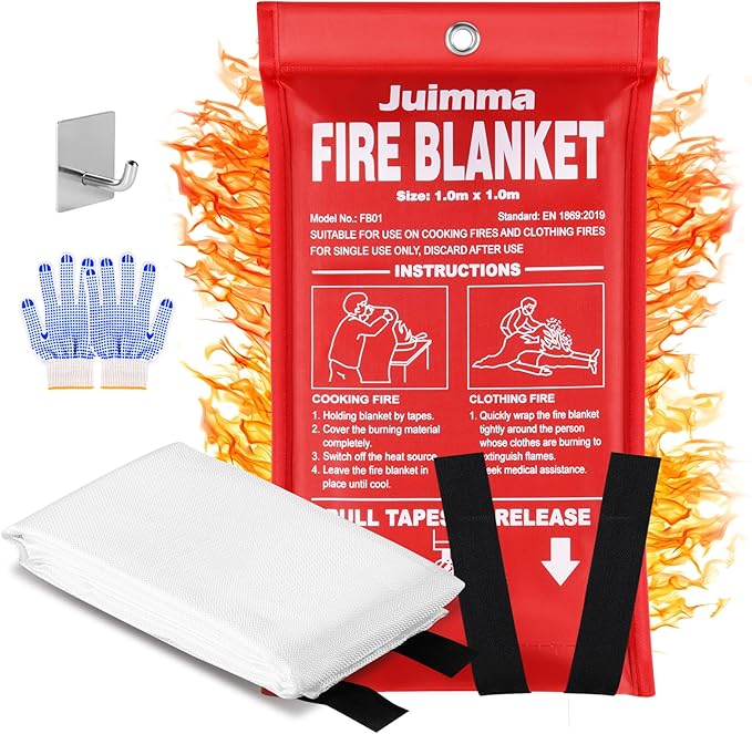 Juimma Fire Blanket for Home and Kitchen - 40" x 40" Prepared Fire Blankets Emergency for Home, School, Camping, Office, Warehouse, with Gloves and Hook, 1 Pack