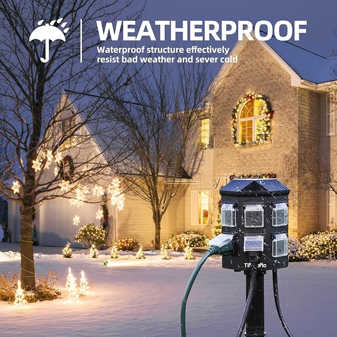 TiFFCOFiO Outdoor Power Stake Timer, 100FT Remote Control, Dusk to Dawn Christmas Light Timer, 6FT Extension Cord Waterproof, 6 Grounded Outlets for Outdoor Christmas Decorations, ETL Listed