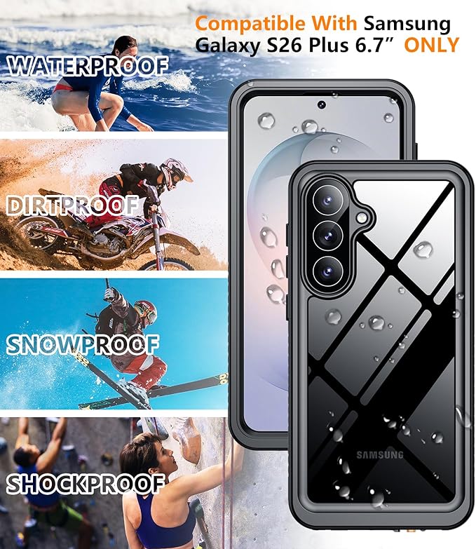 Temdan Designed for Samsung Galaxy S26 Plus Case Waterproof, Built-in Lens & Screen Protector Military Shockproof Dropproof IP68 Underwater Full Body Phone Case for Samsung Galaxy S26 Plus 6.7"-Black