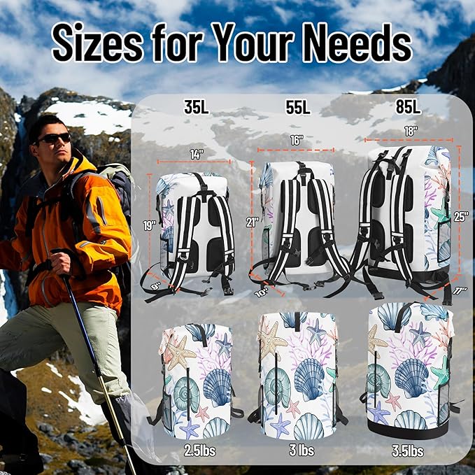 Waterproof Backpack Heavy Duty Marine Dry Bags for Kayaking Hiking Fishing Travel Backpack Roll-Top Closure Bag with Waterproof Phone Case - Sea Shell Coral Nautical Starfish 35L/55L/85L