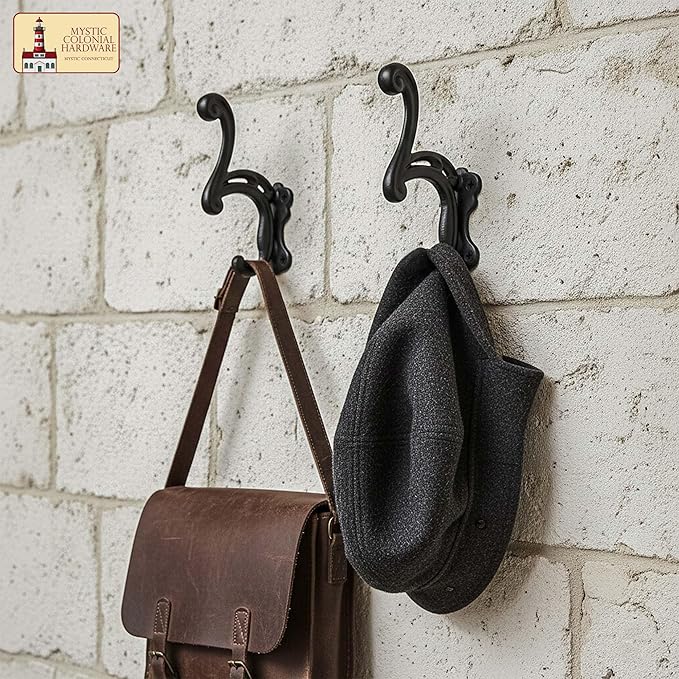 Mystic Colonial Rustic Cast Iron Wall Hooks Heavy Duty Vintage Utility Hooks for Hanging Coat, Bag, Towel, Robe, Hat & More Decorative Wall Mount Hanger, Pack of 2, Black