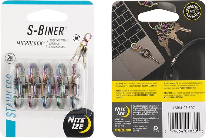 Nite Ize S-Biner MicroLock Stainless Steel - Durable Key Holder Carabiner Clip - S-Biner with Locking Gates - Durable & Strong Mini Carabiners for Keychain Accessories - Spectrum (5 Pack)