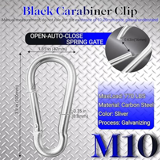 5 Pack 3.9" Heavy Duty Carabiner Clips, M10 Sliver Galvanized Steel Spring Snap Hooks, Rust-Resistant Keychain Clips for Hammock, Camping, Hiking, Fishing, Swing Set