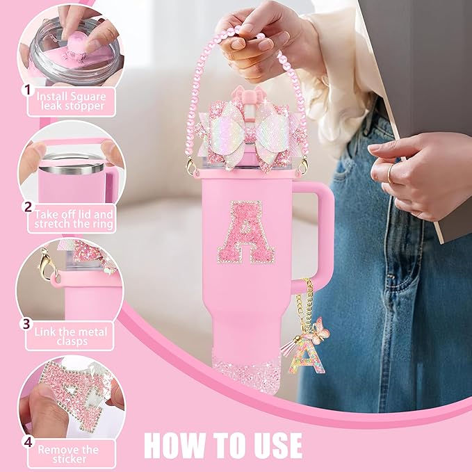 9PCS Pink for Stanley Cup Accessories Set Bling Initials Bow Charms for Stanley Decorations 30/40 Oz Tumbler Accessories Including Bow Straw Topper, Handle Strap, Spill Stopper（Letter B）