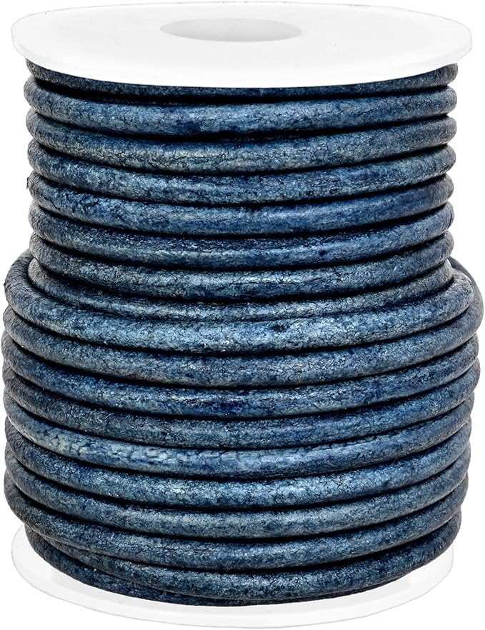 GENIQUE Real/Genuine Round Leather String Cord for Necklace, Bracelets, Jewellery, Braiding (3mm, Blue Distressed)