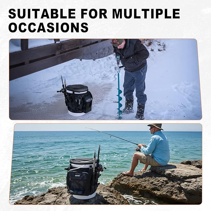 Goture Fishing Bucket Organizer for 5 Gallon Bucket, Heavy-Duty Waterproof Tackle Bag with 15+ Pockets, Ice Auger Holster & Secure Lock Straps for Ice Fishing Gear (Black, No Bucket)