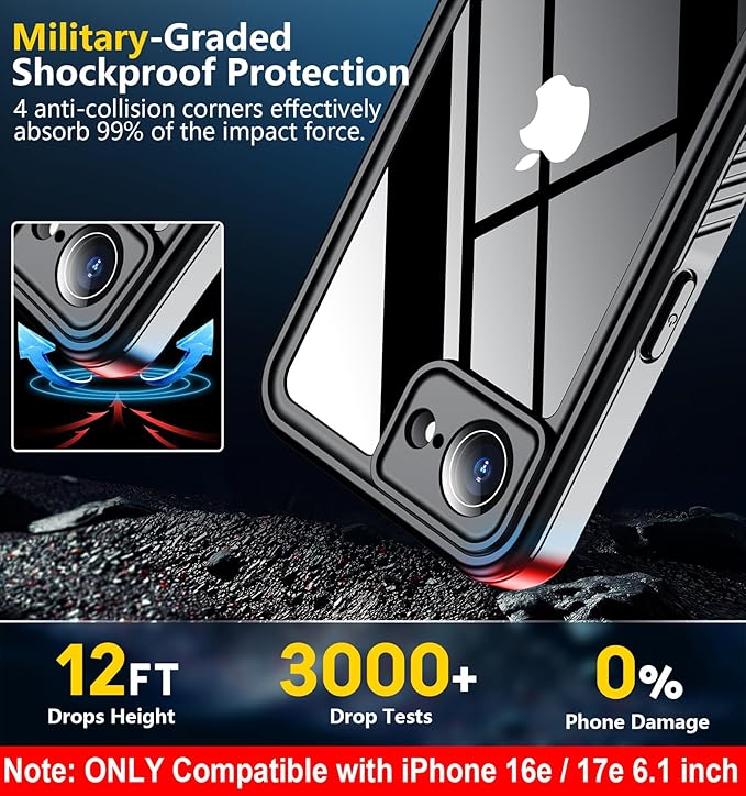 SPIDERCASE for iPhone 16e Case/iPhone 17e Case Waterproof,Built-in Screen & Camera Lens Protector[IP68 Underwater] Full Body Protection Phone Case for iPhone 16e/iPhone 17e 6.1'', Black/Clear