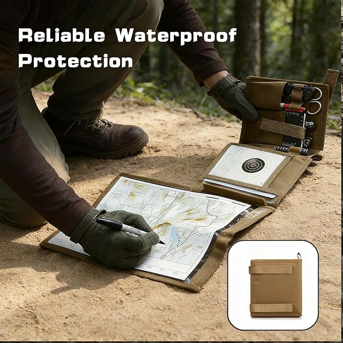 Waterproof Map Case for Land Navigation Kit - Khaki Tactical Military Pouch, Oxford+TPU, Foldable with Clear Window for Outdoor Activities,