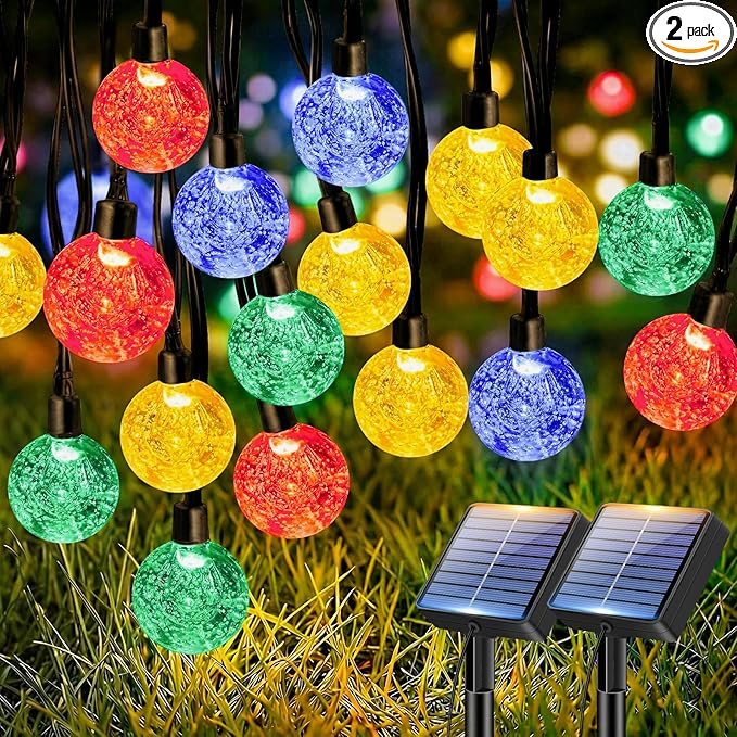 btfarm 2 Pack Solar String Lights Outdoor Waterproof, Total 98 FT 100 LED Solar Powered Patio Light, 8 Lighting Modes Crystal Globe Decor for Garden Balcony Yard Christmas Party, Multicolor