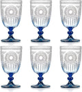 XUWAIDSGN 6Pcs Plastic Vintage Wine Glasses 13.5oz Reusable Embossed Goblet Glasses Blue Gradient Retro Wine Glassware Unbreakable Stemmed Champagne Water Cups for Wine Cocktail Juice Wedding
