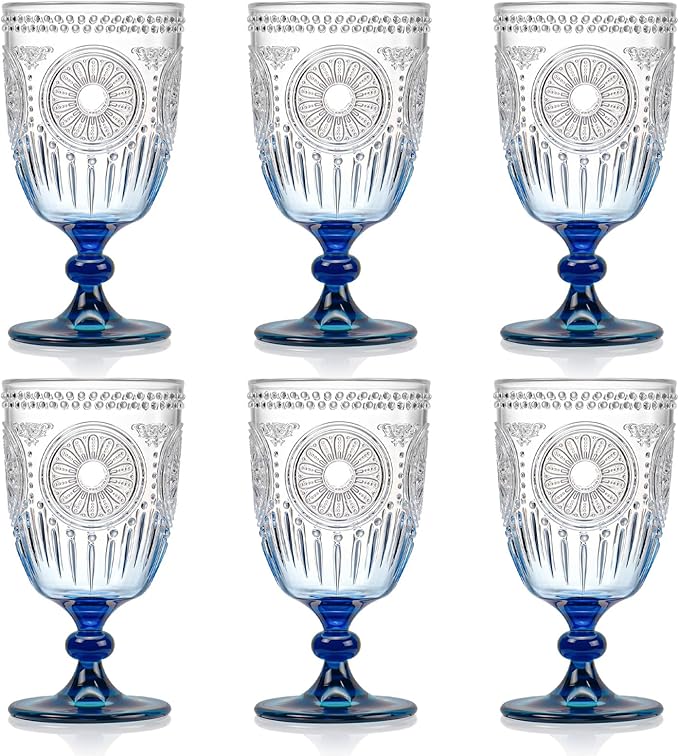 XUWAIDSGN 6Pcs Plastic Vintage Wine Glasses 13.5oz Reusable Embossed Goblet Glasses Blue Gradient Retro Wine Glassware Unbreakable Stemmed Champagne Water Cups for Wine Cocktail Juice Wedding