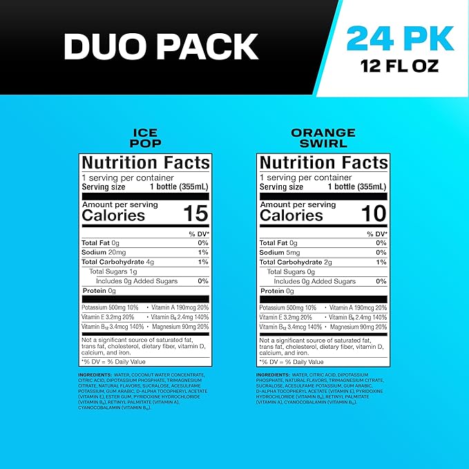 PRIME Hydration Ice Pop & Orange Swirl Sports Drinks with Coconut Water, Electrolyte Enhanced to Replenish Fluids, Zero Added Sugar, B Vitamins, Antioxidants, Natural Flavors, 12 Fl Oz 24 Pack