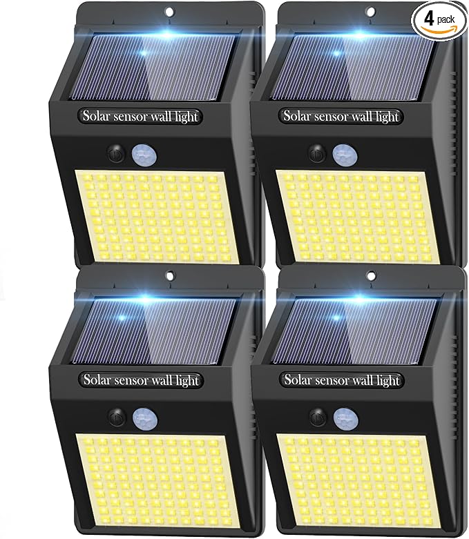 kolpop 4 Pack Solar Motion Lights Outdoor, 3 Modes/100LED Security Wireless IP65 Waterproof Wall Outdoor for Front Door, Backyard, Garage, Deck(Warm White)