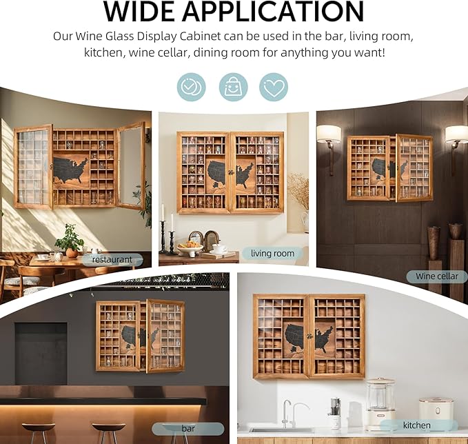 Large Map Shot Glass Display Case 60 Slots with Door, 34 x 26''Rustic Brown Wood Holder for 2 Different Size Shot Glasses (US Map-with Acrylic Glass Door, Pedestal)