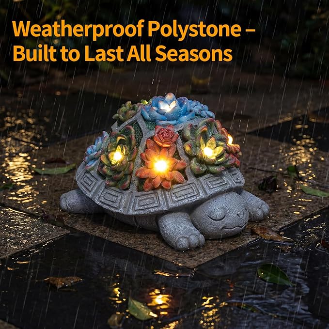 Solar Turtle Garden Outdoor Decor with Succulent & 7 LED Lights – Outside Tortoise Statue Decor for Yard Patio Balcony & Backyard - Home House Decoration Art- Gift for Women Mom & Grandma