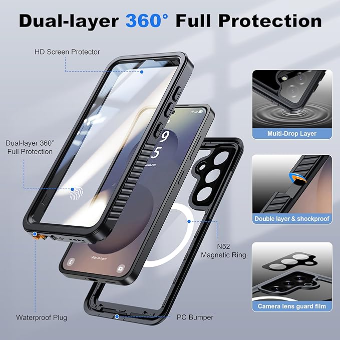 ANTSHARE IP68 Waterproof Case for Samsung Galaxy S25 [2025] - MagSafe Compatible, Built-in Screen/Lens Protector - Shockproof Full Body Protection for Swimming/Outdoor, Black/Clear