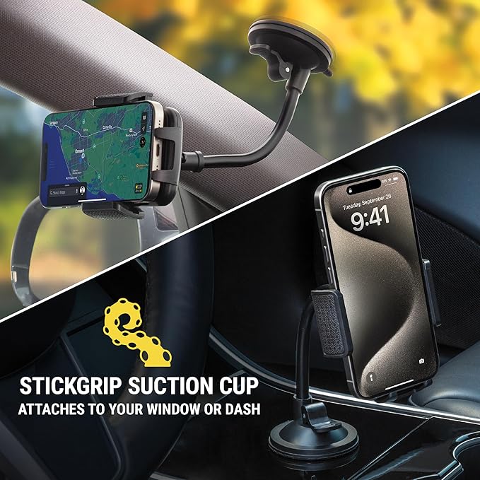Scosche 4-in-1 Universal Suction Cup Cell Phone Holder for Car Vent/Dashboard/Console/Windshield, Adjustable Hands-Free Phone Car Mount, Cellphone Stand Compatible with iPhone 16/15/14/13/12 & Android