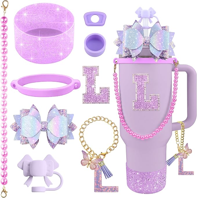9PCS Purple for Stanley Cup Accessories Set Bling Initials Bow Charms for Stanley Decorations 30/40 Oz Tumbler Accessories Including Bow Straw Topper, Handle Strap, Spill Stopper（Letter L）