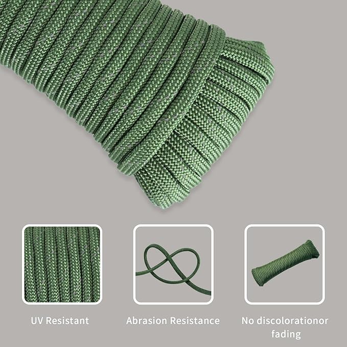 Paracord Rope, Reflective III Parachute Cord 7 Strand Core 550lb, 100ft Army Green - High Visibility Abrasion Resistant Easy to Tie, Multi-Purpose Rope for Camping Survival DIY