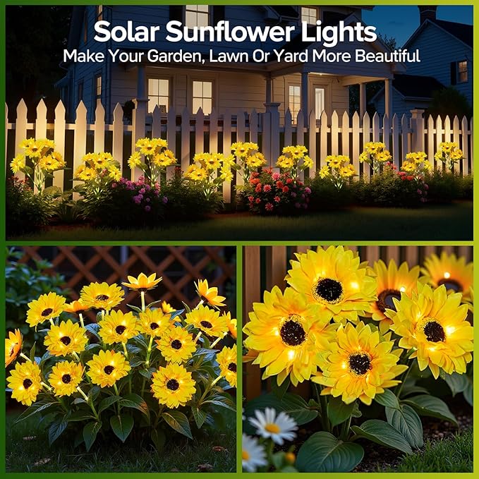 Solar Sunflower Lights Outdoor Waterproof - 6 Pack with 36 Bright Solar Sunflower Lights, IP65 Waterproof Light for Outdoor Flower Bed, Yard, Pathway, Patio Decor - for Mom, Women, Grandma