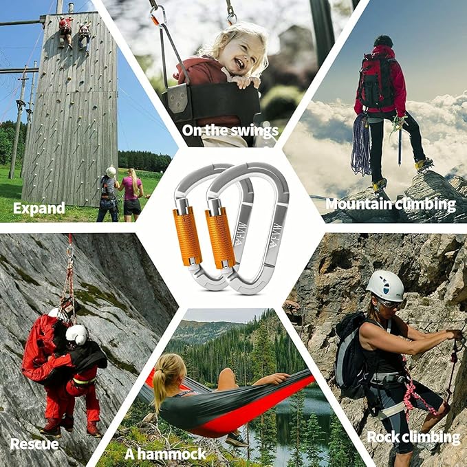 FVW Auto Locking Rock Climbing Carabiner Clips,Professional 25KN (5620 lbs) Heavy Duty Caribeaners for Rappelling Swing Rescue & Gym etc, Large D-Shaped Carabiners