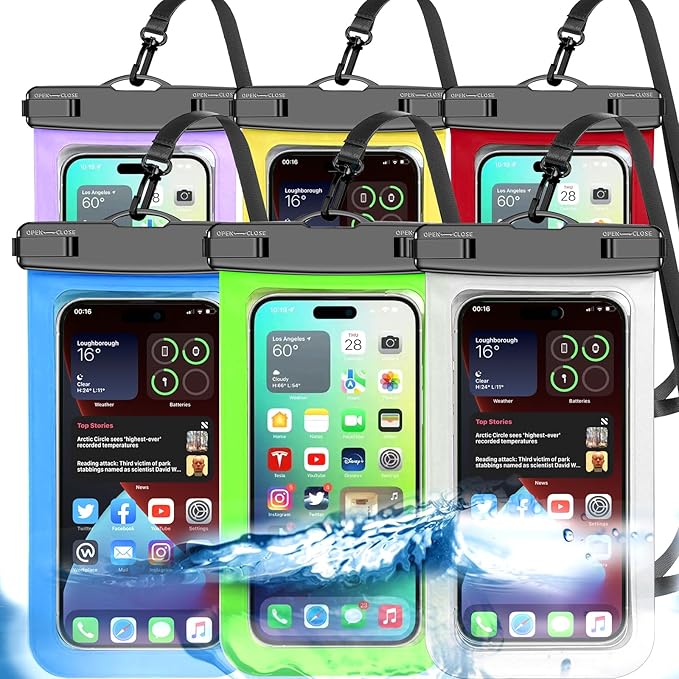 6 Pack Multicolor Waterproof Phone Pouch, Large Phone Waterproof Case Dry Bag,Protection Level: IP68,Outdoor Sports for Apple iPhone,Samsung,and More(Fits Up to 8.3”)White,Blue,Red,Purple,Yellow,Green