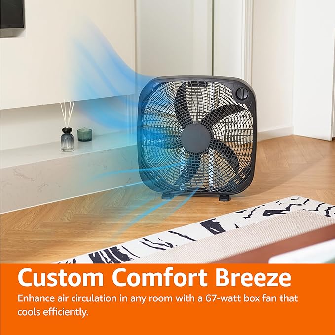 Amazon Basics 3-Speed Box Fan for Bedroom, Portable with Carry Handle, Powerful Airflow, 5 Blades, Lightweight Design, 67 Watts, 20-Inch, Black, 6.8"D x 20.86"W x 21.33"H