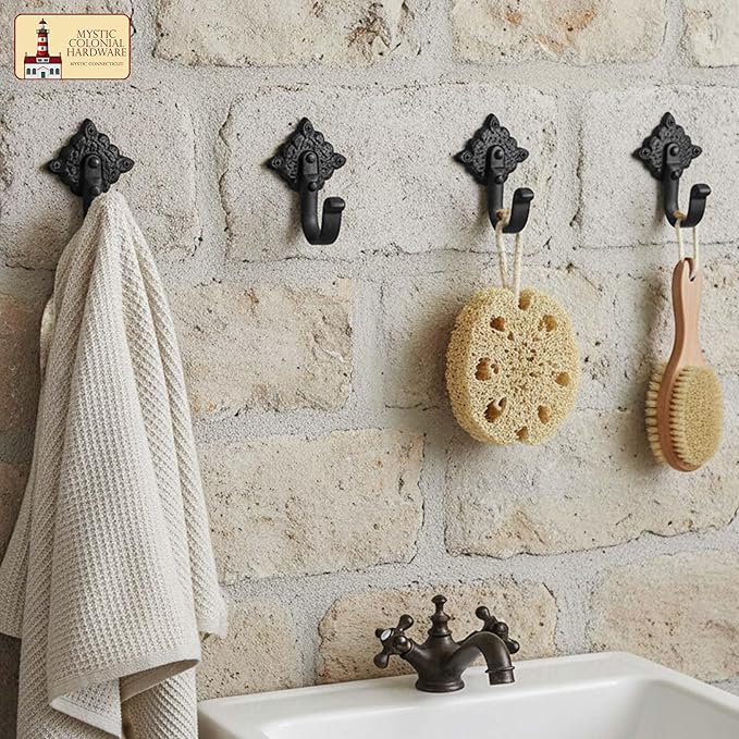 Mystic Colonial Rustic Cast Iron Wall Hooks Heavy Duty Vintage Utility Hooks for Hanging Coats, Towels, Bags, Robes, Hats & More Decorative Wall Mount Hooks, Pack of 10
