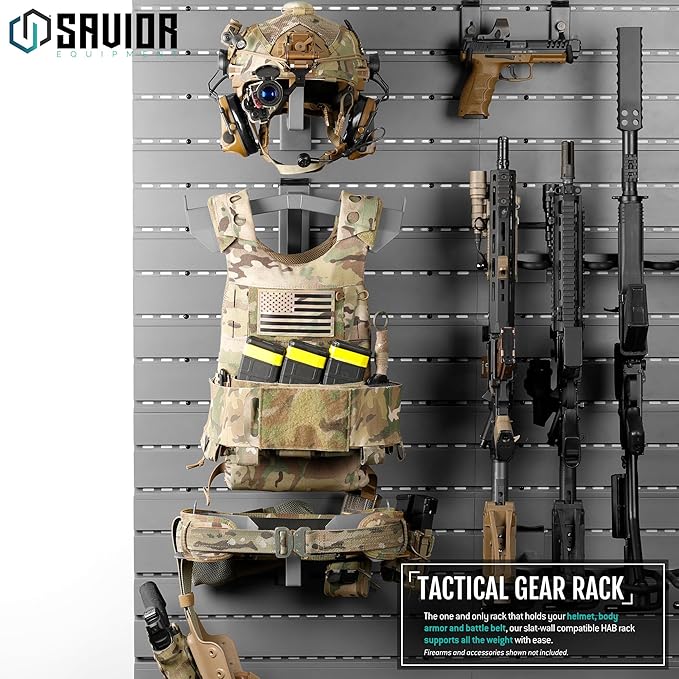 Savior Equipment Wall Rack System H.A.B Attachment Tactical Gear Wall Mount Organizer, Military Helmet Vest Belt Display Rack Plate Carrier Hanger, Heavy-Duty Steel Construction Hold Up to 80 lbs
