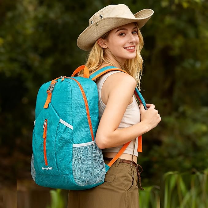 levayhill 25L Foldable Backpack & Bucket Hat 2 IN1 Combo, Lightweight packable Travel Set, Compact Daypack Sun Fisherman Hat (Lake Blue)