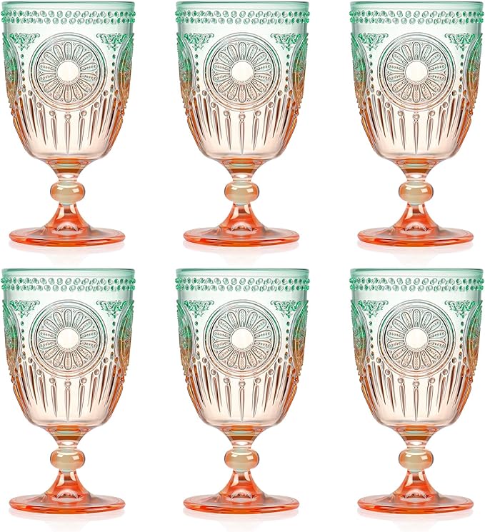 XUWAIDSGN 6Pcs Plastic Vintage Wine Glasses 13.5oz Reusable Embossed Goblet Glasses Green Orange Gradien Retro Wine Glassware Unbreakable Stemmed Champagne Water Cups for Cocktail Juice Wedding