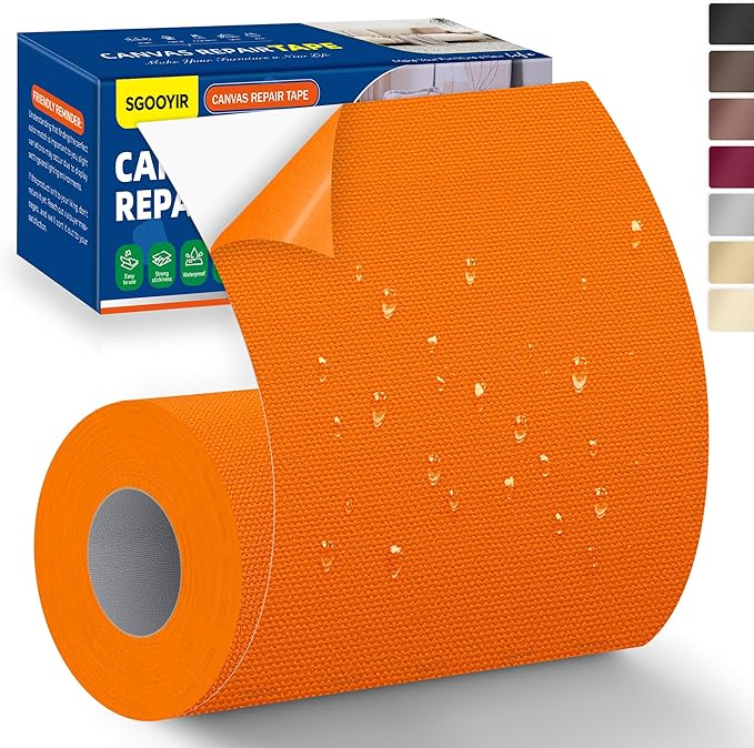 Self-Adhesive Canvas Repair Tape, 4" x 80" Waterproof Canvas Repair Patch, Fabric Patch Repairs Kit for Furniture, Tents, Sunbrellas, Boat Covers Awnings, Couches, Clothes, Bags Orange