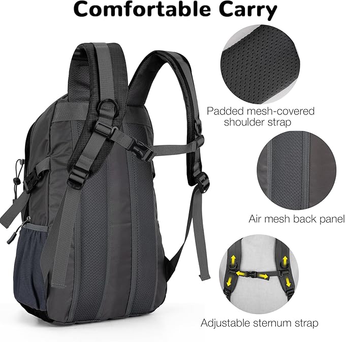25L Small Hiking Backpack with Chest Strap for Men Women, Waterproof Travel Backpack Day Pack, Lightweight Padded Hiking Daypacks for Camping Traveling Outdoor Sports, Black