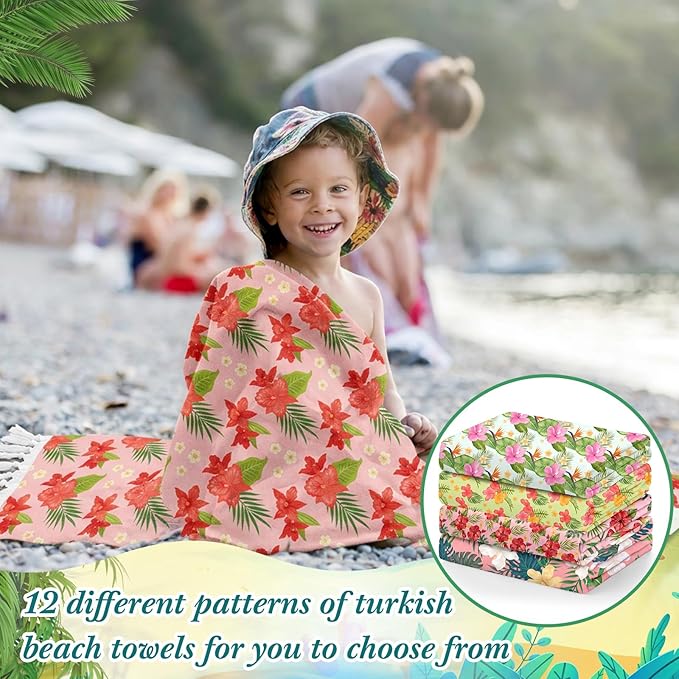 Peryiter 24 Pack Microfiber Oversize Turkish Beach Towel Set 12 Large Absorbent Beach Towels with 12 Storage Bag 28 x 55 Quick Dry Lightweight Bath Towel Blanket for Hawaii Camp Swim Pool(Hibiscus)