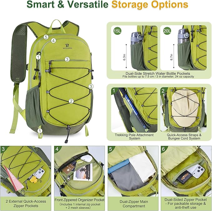 BECOJADDE Hiking Backpack 20L Small Backpack Packable Day pack Water Resistant Lightweight Travel Backpack for Women Men with Shoulder Strap Pockets for Hiking Camping Outdoor, Green